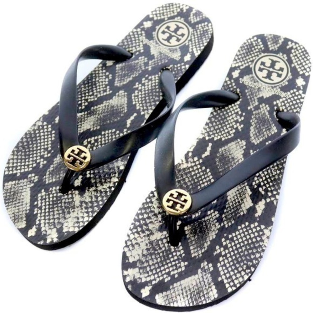 Tory Burch Classic Snake Reptile Preppy Perfect Black Thong Flip Flop Sandals